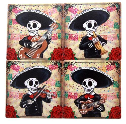 ebros gift Ebros Day Of The Dead Skeleton Mariachi Band Coaster Set of Four Ceramic Tiles With Cork Backing Dias De Muertos Coasters