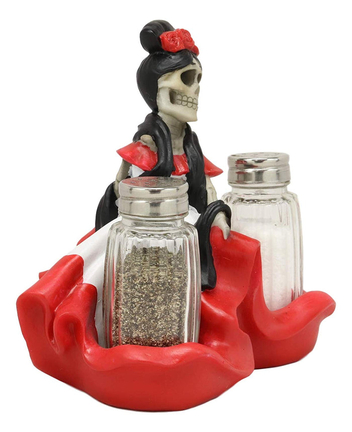 Ebros Gift Ebros Day Of The Dead Spicy Danza De Dama Senorita Red Skeleton Lady Dancer Salt And Pepper Shakers Holder Display Figurine Set 6.25" Wide Halloween Graveyard Spooky Macabre Skulls Skeletons Sculpture