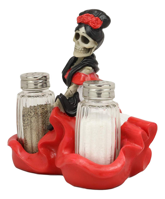 ebros gift Ebros Day Of The Dead Spicy Danza De Dama Senorita Red Skeleton Lady Dancer Salt And Pepper Shakers Holder Display Figurine Set 6.25" Wide Halloween Graveyard Spooky Macabre Skulls Skeletons Sculpture