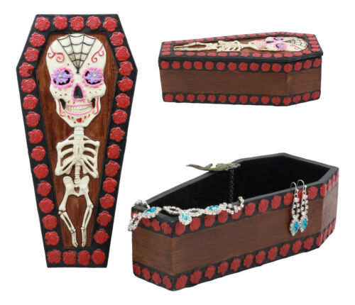 ebros gift Ebros Day Of The Dead Sugar Skulls Gothic Skeleton Bones Vampire Coffin Jewelry Box Dracula Casket Secret Stash Box