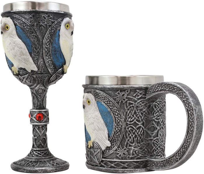 Ebros Gift Ebros Dazed Snow White Owl With Celtic Tribal Tattoo Wine Goblet And Mug Set