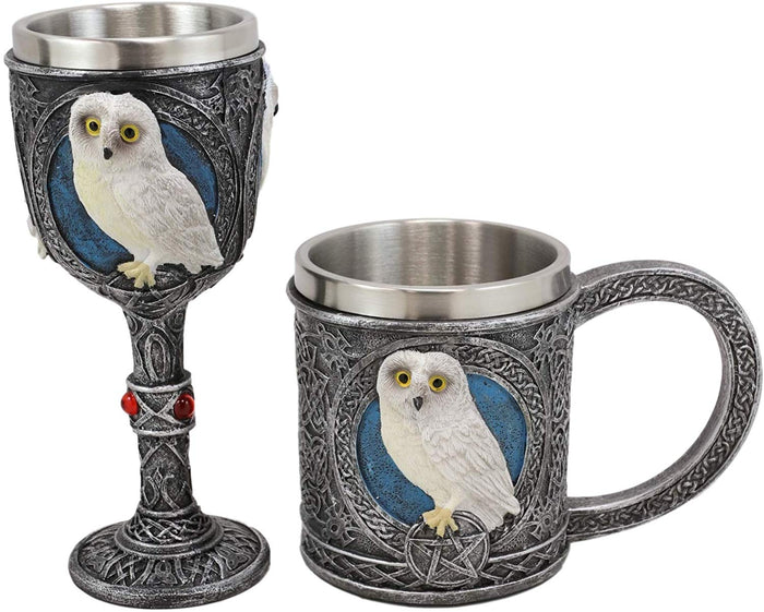 Ebros Gift Ebros Dazed Snow White Owl With Celtic Tribal Tattoo Wine Goblet And Mug Set