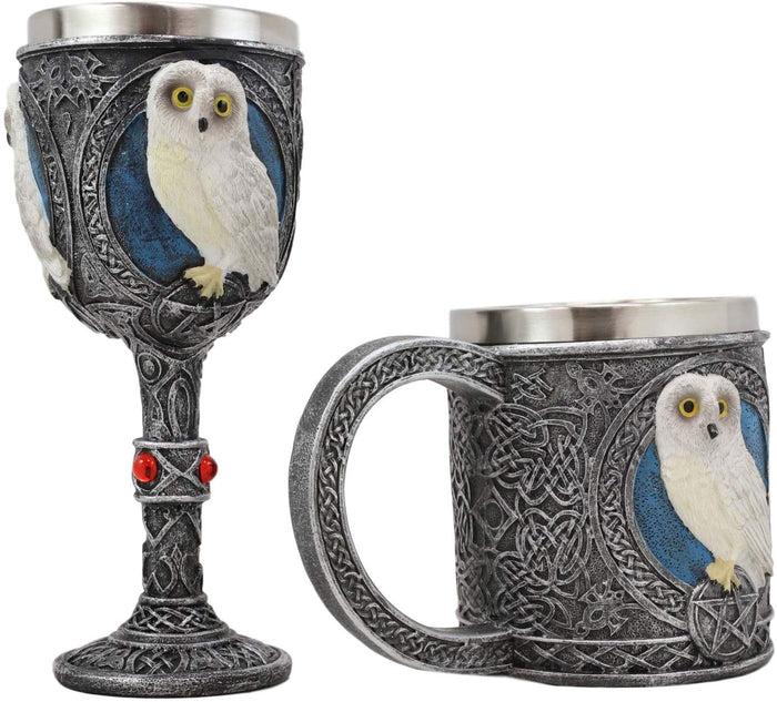 Ebros Gift Ebros Dazed Snow White Owl With Celtic Tribal Tattoo Wine Goblet And Mug Set