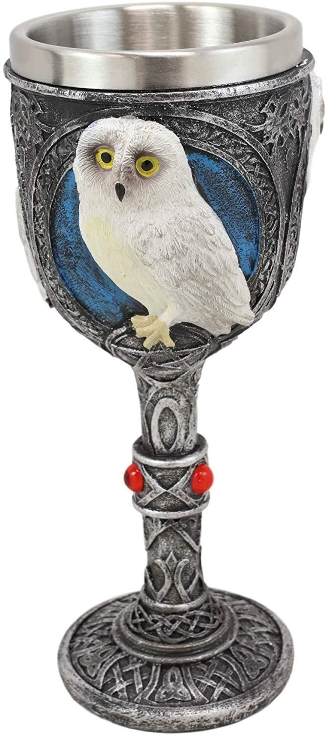Ebros Gift Ebros Dazed Snow White Owl With Celtic Tribal Tattoo Wine Goblet Chalice 7.25"H