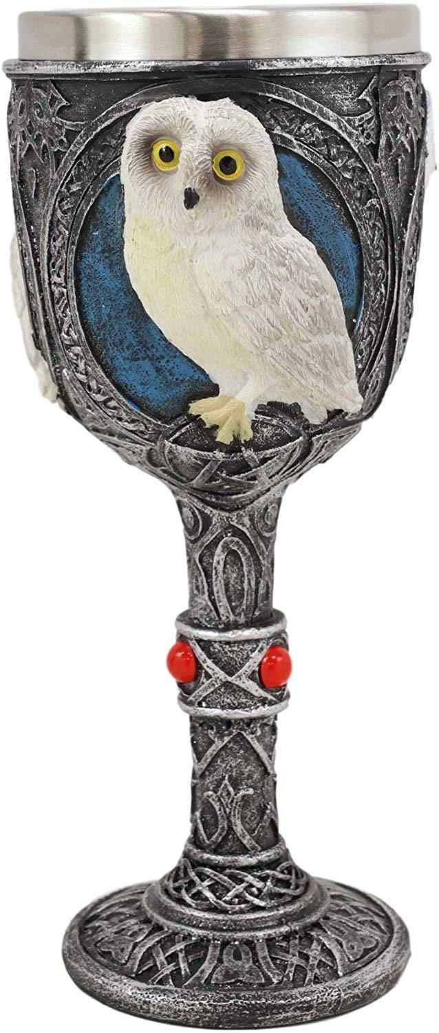 Ebros Gift Ebros Dazed Snow White Owl With Celtic Tribal Tattoo Wine Goblet Chalice 7.25"H