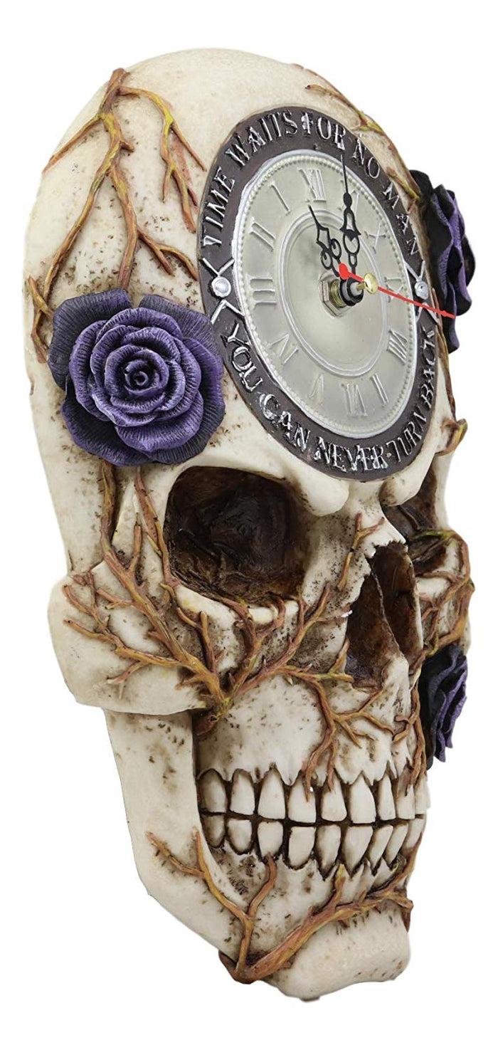 Ebros Gift Ebros Decorative Gothic Macabre Grinning Skull With Purple Rose Vines Reverse Wall Clock With Roman Numerals Figurine 10.5" H Never Turn Back Time Ossuary Day Of The Dead Halloween Spooky Collectible