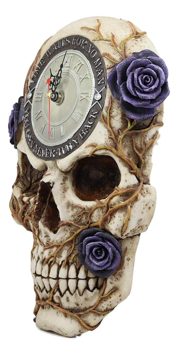 Ebros Gift Ebros Decorative Gothic Macabre Grinning Skull With Purple Rose Vines Reverse Wall Clock With Roman Numerals Figurine 10.5" H Never Turn Back Time Ossuary Day Of The Dead Halloween Spooky Collectible