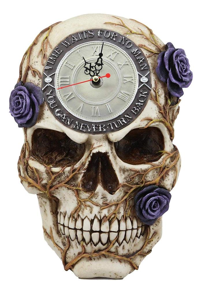 ebros gift Ebros Decorative Gothic Macabre Grinning Skull with Purple Rose Vines Reverse Wall Clock with Roman Numerals Figurine 10.5" H Never Turn Back Time Ossuary Day of The Dead Halloween Spooky Collectible