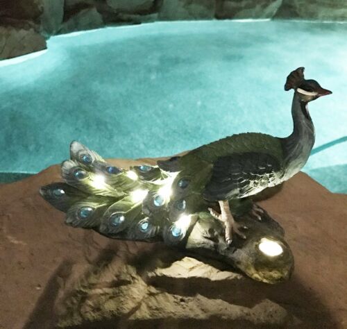 Ebros Gift Ebros Decorative Iridescent Peacock With Blue Gemstones Solar LED Light Statue Peafowl