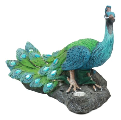 Ebros Gift Ebros Decorative Iridescent Peacock With Blue Gemstones Solar LED Light Statue Peafowl