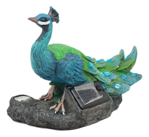 Ebros Gift Ebros Decorative Iridescent Peacock With Blue Gemstones Solar LED Light Statue Peafowl
