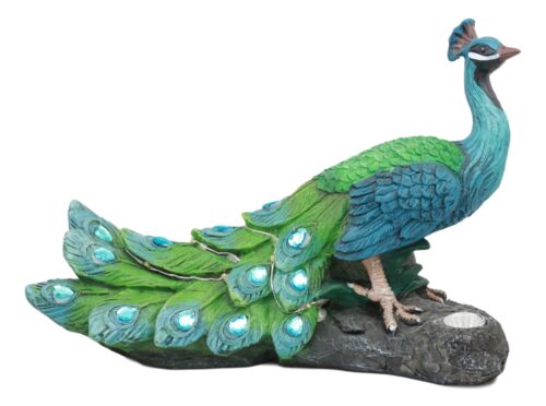 ebros gift Ebros Decorative Iridescent Peacock With Blue Gemstones Solar LED Light Statue Peafowl