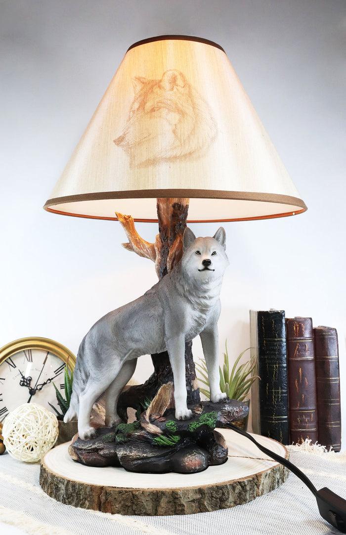 ebros gift Ebros Denizen Of Twilight Lone Gray Wolf Table Lamp With Shade Decor Statue Set
