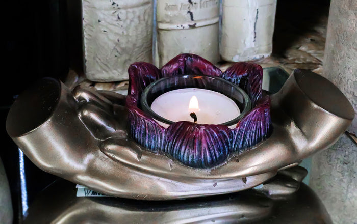 ebros gift Ebros Dhyana Mudra Buddha Palms With Padma Lotus Tea Light Votive Candle Holder