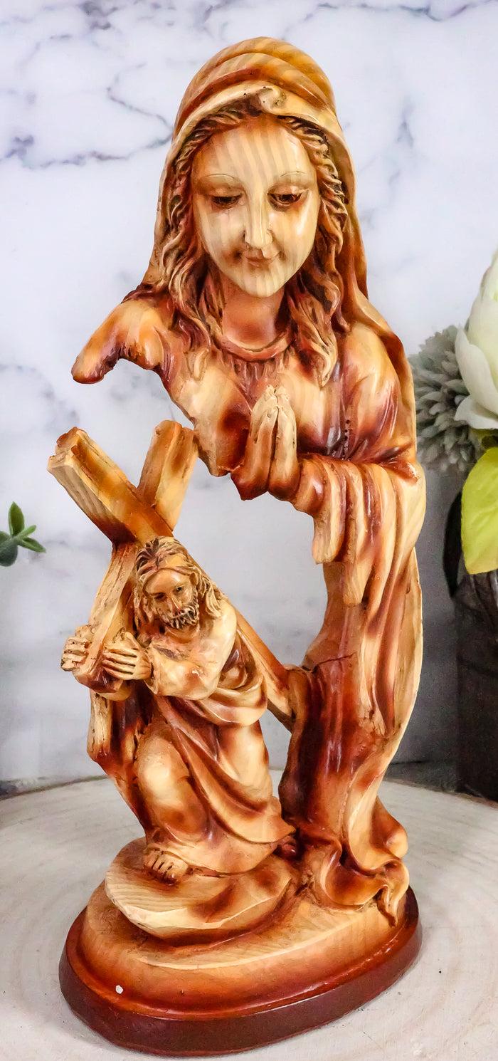 ebros gift Ebros Dolorosa Mother Mary Praying For Jesus Carrying Cross Woodlike Figurine