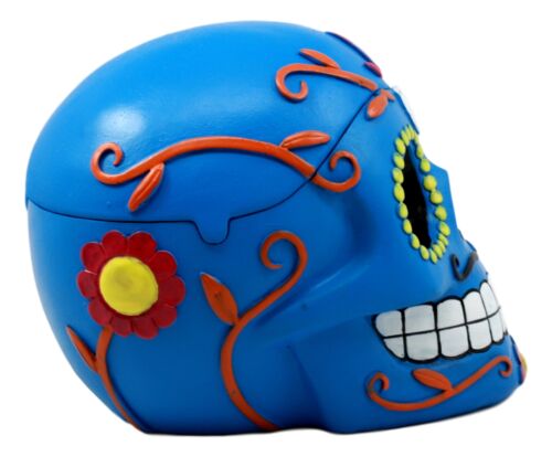 Ebros Gift Ebros Dulce De Muerte Day Of The Dead Blue Sugar Skull Ashtray Tribal Tattoo Skull Jewelry Box Figurine 6"Long