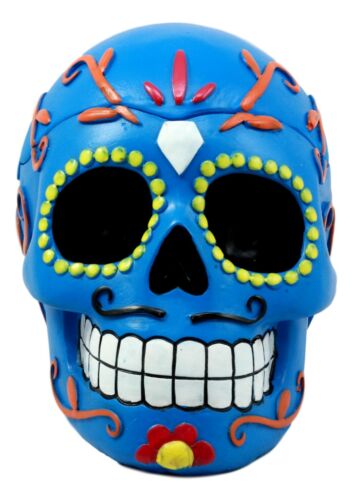 Ebros Gift Ebros Dulce De Muerte Day Of The Dead Blue Sugar Skull Ashtray Tribal Tattoo Skull Jewelry Box Figurine 6"Long
