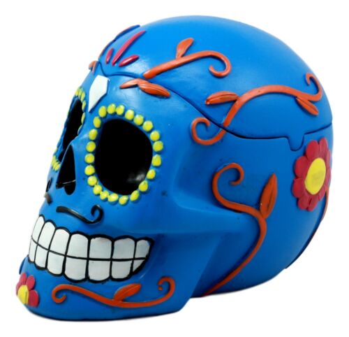 Ebros Gift Ebros Dulce De Muerte Day Of The Dead Blue Sugar Skull Ashtray Tribal Tattoo Skull Jewelry Box Figurine 6"Long