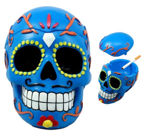 ebros gift Ebros Dulce De Muerte Day of The Dead Blue Sugar Skull Ashtray Tribal Tattoo Skull Jewelry Box Figurine 6"Long