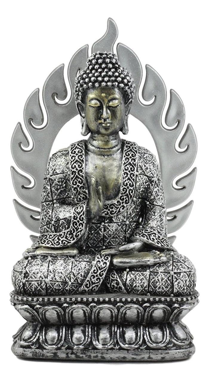 ebros gift Ebros Eastern Enlightenment Silver Meditating Buddha Seated On Fire Throne Statue 8.25"Tall Qi Soul Fire Element Polyresin Sculpture Buddhism Figurine