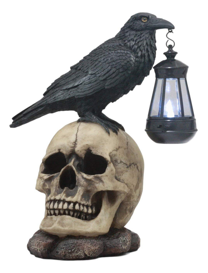 ebros gift Ebros Edgar Corvus Raven Perching On Rose Skull Statue With Solar LED Lantern Light