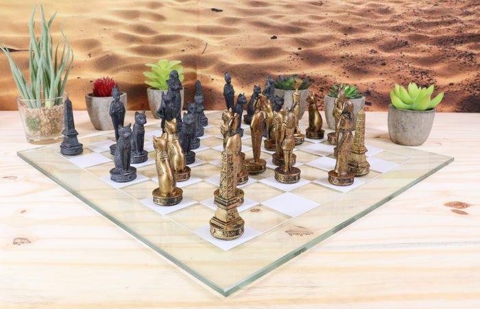 Ebros Gift Ebros Egyptian Gods Monuments King Tut & Nefertiti Chess Pieces With Glass Board Set
