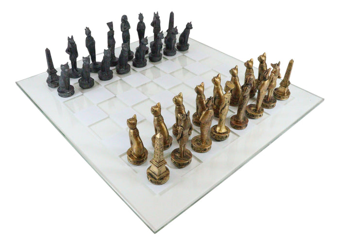 Ebros Gift Ebros Egyptian Gods Monuments King Tut & Nefertiti Chess Pieces With Glass Board Set