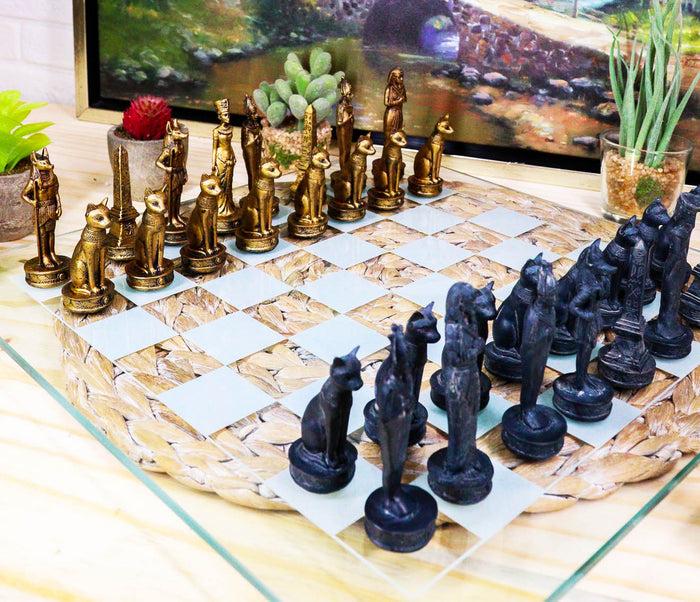 ebros gift Ebros Egyptian Gods Monuments King Tut & Nefertiti Chess Pieces With Glass Board Set