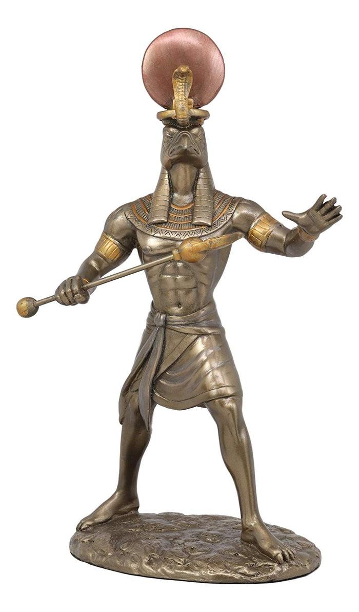 Ebros Gift Ebros Egyptian Mythology God Horus Ra With Sun And Uraeus Disc Statue In Faux Bronze Resin Gods Of Egypt Deity Of War & Sky Falcon Heru Figurine 11" Tall Home Decor Sculpture