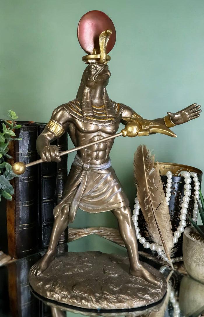 ebros gift Ebros Egyptian Mythology God Horus Ra with Sun and Uraeus Disc Statue in Faux Bronze Resin Gods of Egypt Deity of War & Sky Falcon Heru Figurine 11" Tall Home Decor Sculpture