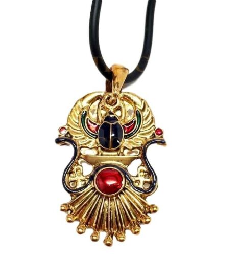 Ebros Gift Ebros Egyptian Winged Scarab Dual Cobra Head Ankh Necklace Pendant Jewelry