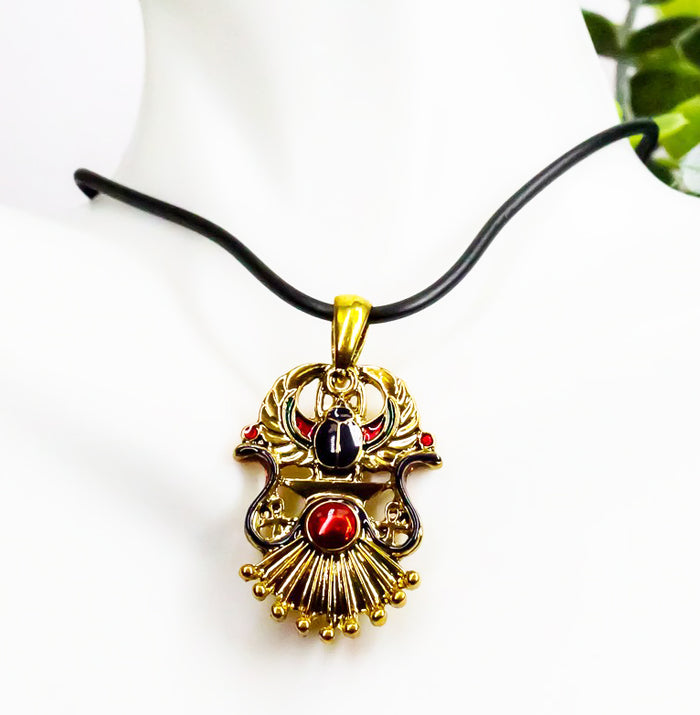 ebros gift Ebros Egyptian Winged Scarab Dual Cobra Head Ankh Necklace Pendant Jewelry