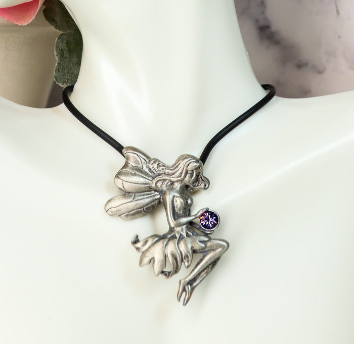 ebros gift Ebros Enchanted Fairy Holding Purple Gem Medallion Necklace Accessory Jewelry