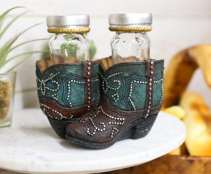 ebros gift Ebros Fancy Beads Turquoise Pair Of Cowgirl Boots Salt and Pepper Shakers Holder Set