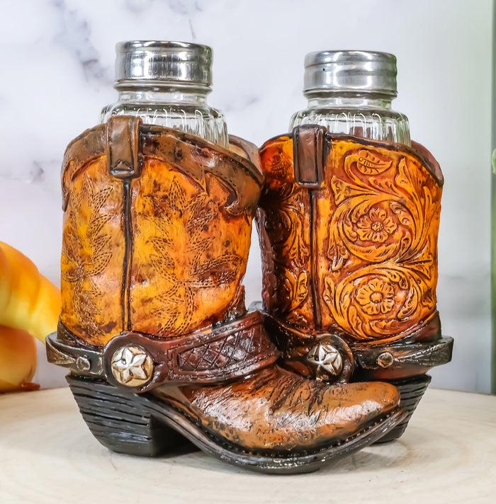 ebros gift Ebros Fancy Pair Of Cowboy Boots W/ Texas Star Salt & Pepper Shakers Holder Set