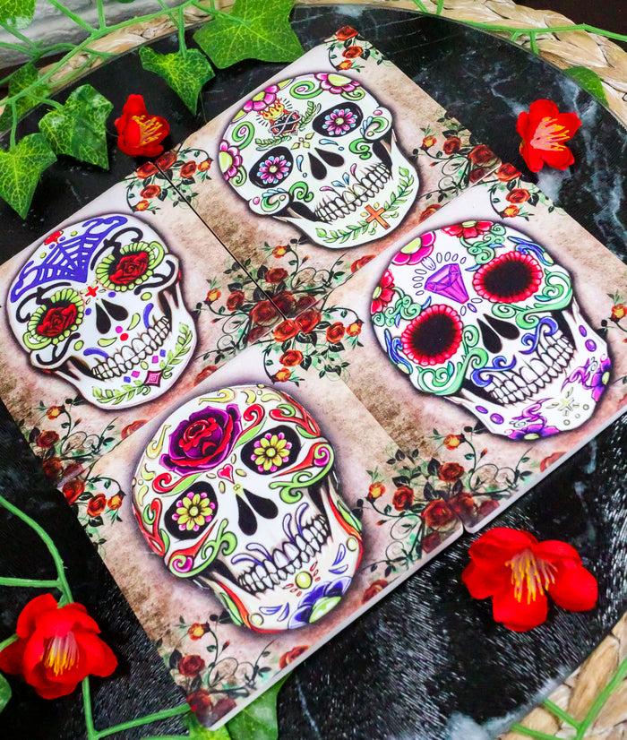 Ebros Gift Ebros Fancy Sugar Skulls Day Of The Dead Ceramic Coaster Set Of 4 Tiles