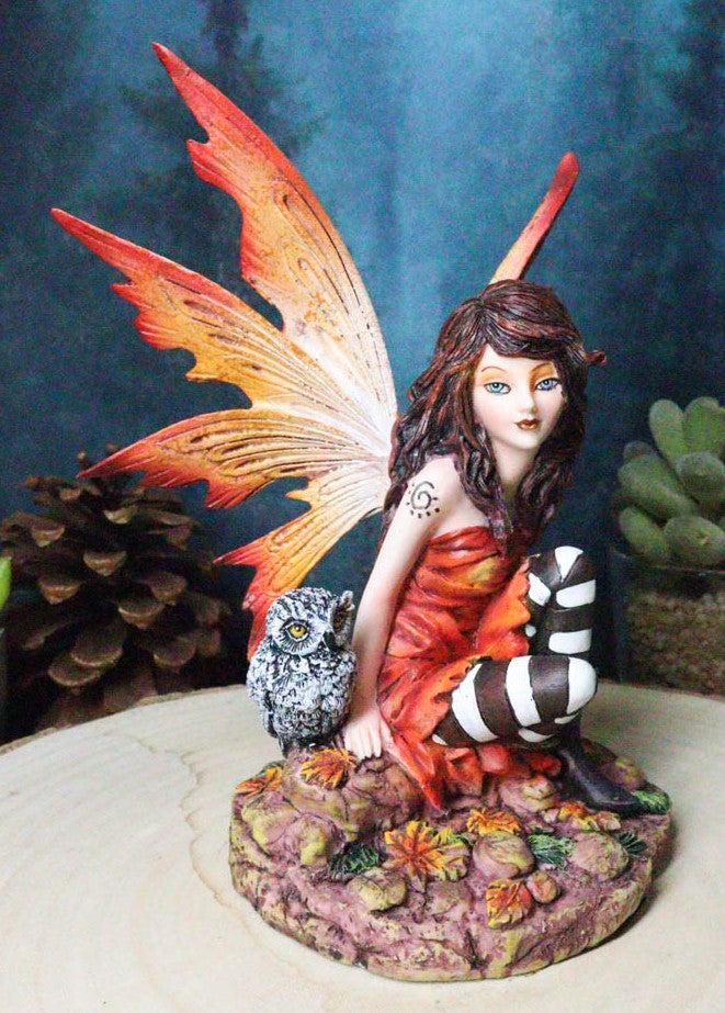 ebros gift Ebros Fantasy Autumn Forest Tribal Fairy In Orange Gown With Owlet Owl Figurine Decor