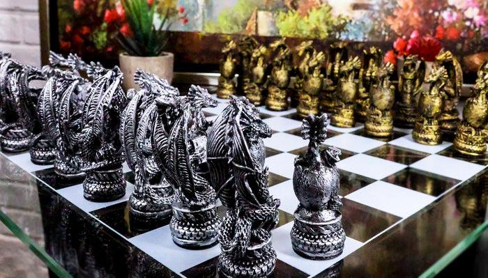 Ebros Gift Ebros Fantasy Dragon Dungeon Kingdoms Resin Chess Pieces With Glass Board Set