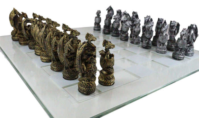 Ebros Gift Ebros Fantasy Dragon Dungeon Kingdoms Resin Chess Pieces With Glass Board Set
