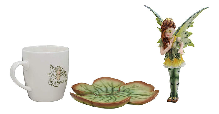 Ebros Gift Ebros Fantasy Pixie Beverage Teacup Fairy Standing On Flower Saucer Display Stand Holder Statue With Dream Eden Coffee Mug Set For Whimsical Tea Party Decor Accent Of Fairies Nymphs Pixies (Green)