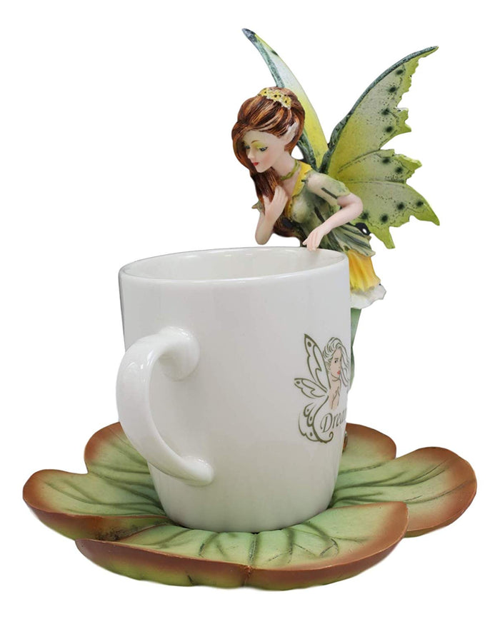 Ebros Gift Ebros Fantasy Pixie Beverage Teacup Fairy Standing On Flower Saucer Display Stand Holder Statue With Dream Eden Coffee Mug Set For Whimsical Tea Party Decor Accent Of Fairies Nymphs Pixies (Green)