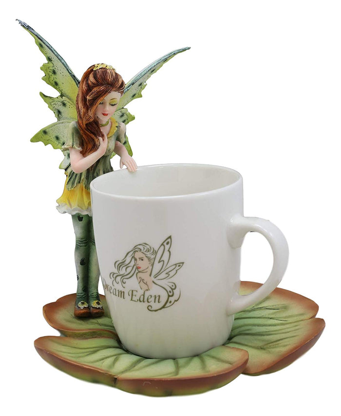Ebros Gift Ebros Fantasy Pixie Beverage Teacup Fairy Standing On Flower Saucer Display Stand Holder Statue With Dream Eden Coffee Mug Set For Whimsical Tea Party Decor Accent Of Fairies Nymphs Pixies (Green)