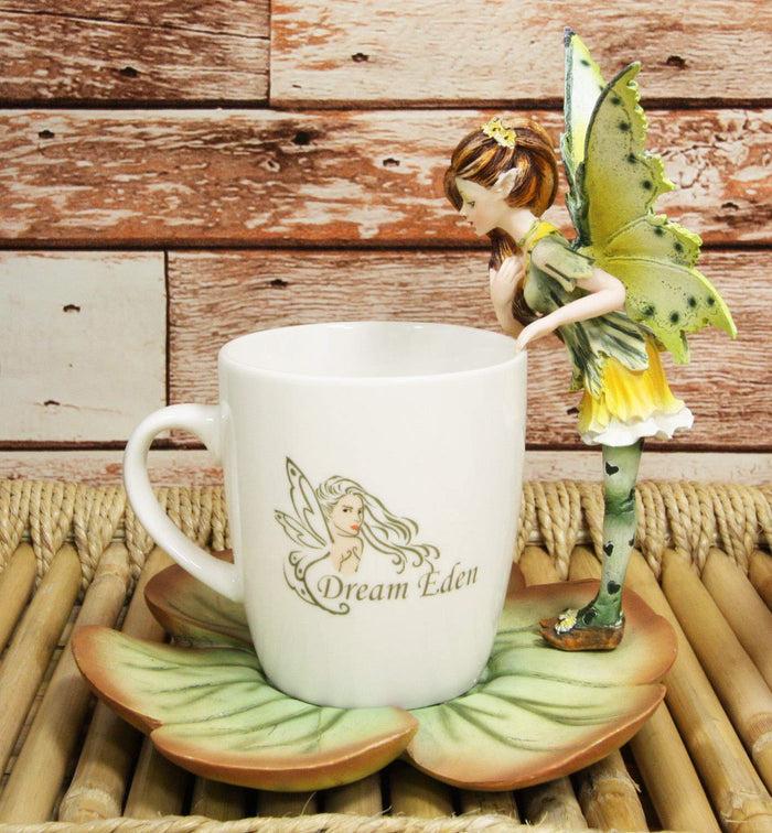 ebros gift Ebros Fantasy Pixie Beverage Teacup Fairy Standing On Flower Saucer Display Stand Holder Statue with Dream Eden Coffee Mug Set for Whimsical Tea Party Decor Accent of Fairies Nymphs Pixies (Green)