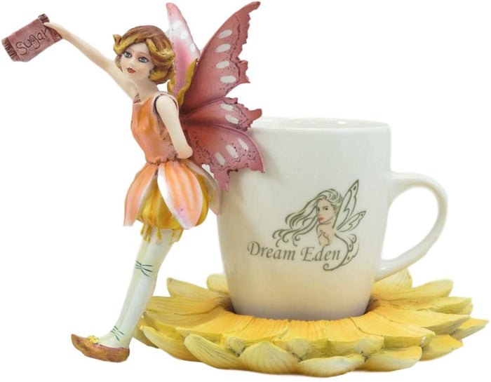 Ebros Gift Ebros Fantasy Pixie Beverage Yellow Teacup Fairy Statue & Holder Coffee Mug Set