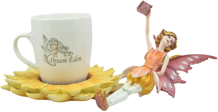 Ebros Gift Ebros Fantasy Pixie Beverage Yellow Teacup Fairy Statue & Holder Coffee Mug Set