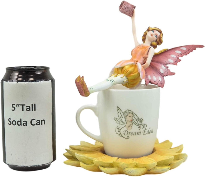 Ebros Gift Ebros Fantasy Pixie Beverage Yellow Teacup Fairy Statue & Holder Coffee Mug Set