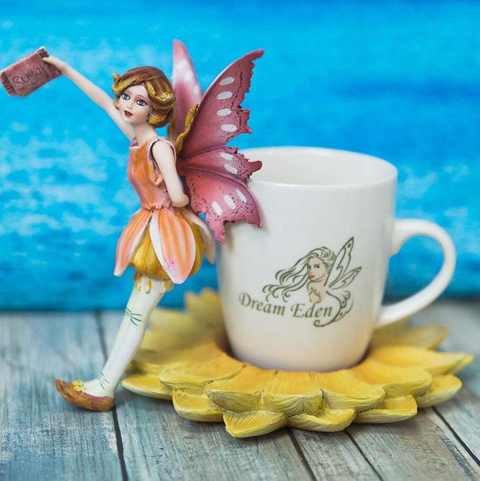 ebros gift Ebros Fantasy Pixie Beverage Yellow Teacup Fairy Statue & Holder Coffee Mug Set