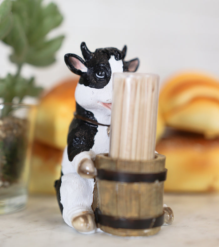 ebros gift Ebros Farm Bovine Holstein Cow By Wood Barrel Toothpick Holder Statue With Toothpicks