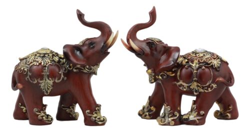 Ebros Gift Ebros Faux Wood Feng Shui Elephant With Trunk Up Statue Set Of 2 Long Decorated Thai Buddhism Noble Elephant Trumpeting Left And Right Directions Animal Sculpture