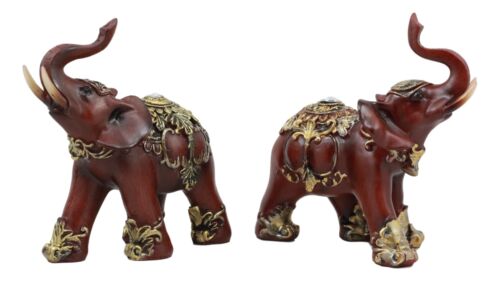 Ebros Gift Ebros Faux Wood Feng Shui Elephant With Trunk Up Statue Set Of 2 Long Decorated Thai Buddhism Noble Elephant Trumpeting Left And Right Directions Animal Sculpture